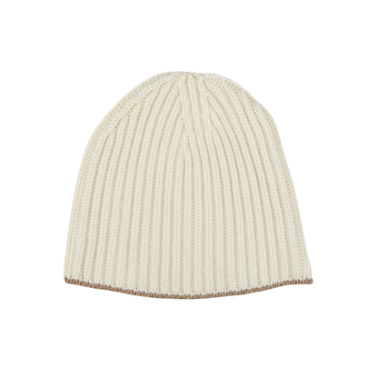 An White Undyed Cashmere Ribbed Short Beanie made from cashmere thread on a William Lockie background.