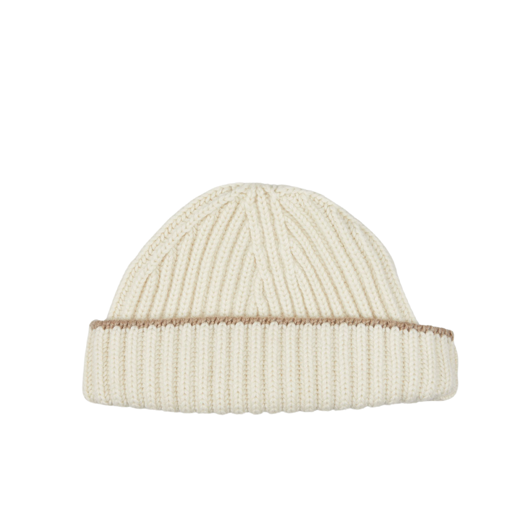 An White Undyed Cashmere Ribbed Short Beanie by William Lockie.