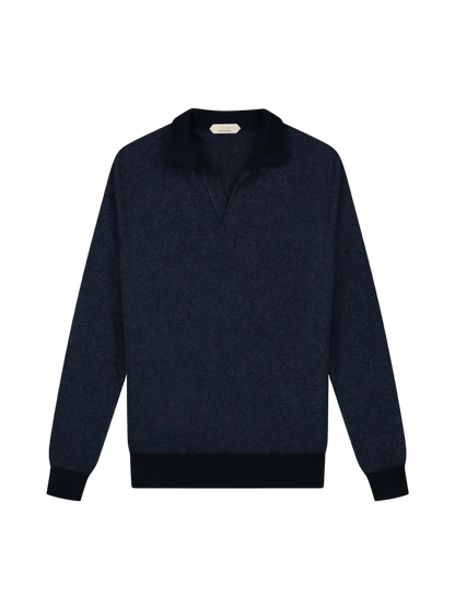 Navy Cashmere Jacquard Polo LS