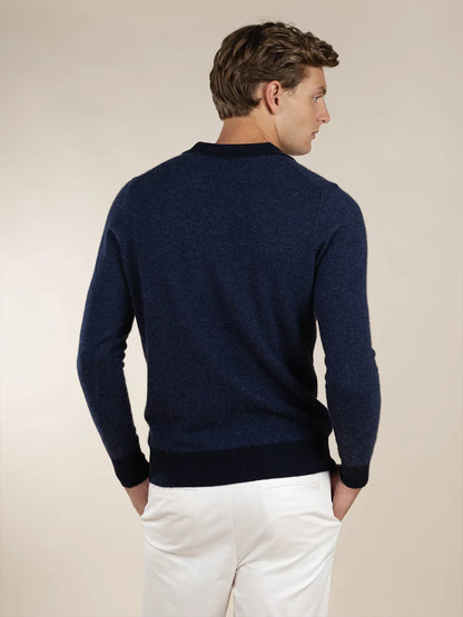 Navy Cashmere Jacquard Polo LS
