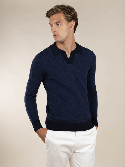 Navy Cashmere Jacquard Polo LS