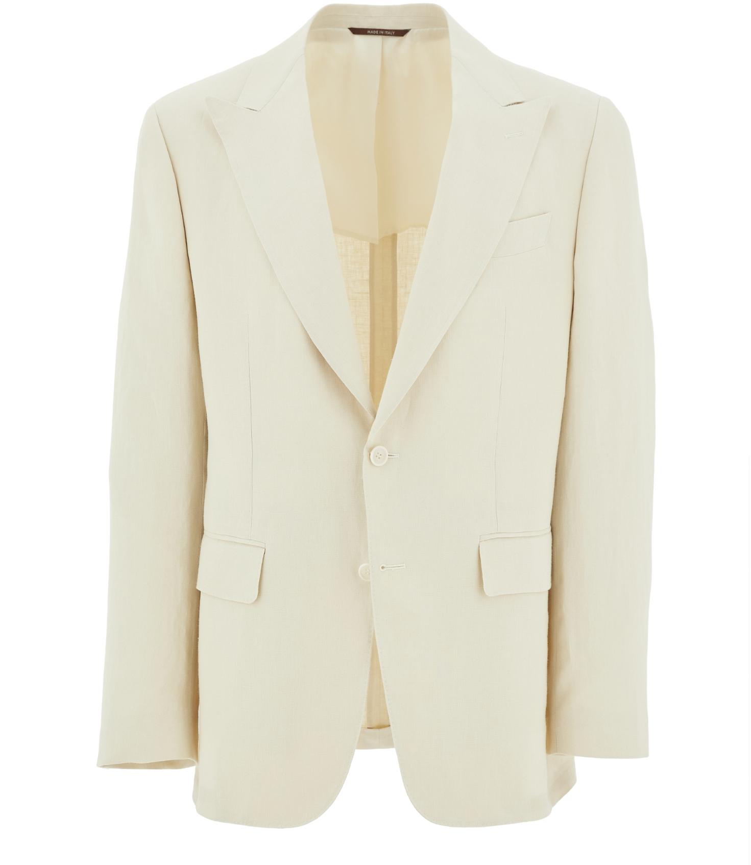The Canali Cream Pure Linen Peak Lapel Capri Suit features a single-breasted design, two buttons, flap pockets, and a chest pocket. Displayed on a white background with the front open to show its matching inner lining. , available at Richard Gelding Mayfair