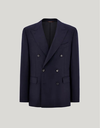 Navy Wool Silk Double Breasted Blazer