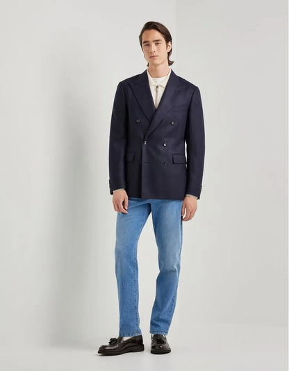 Navy Wool Silk Double Breasted Blazer