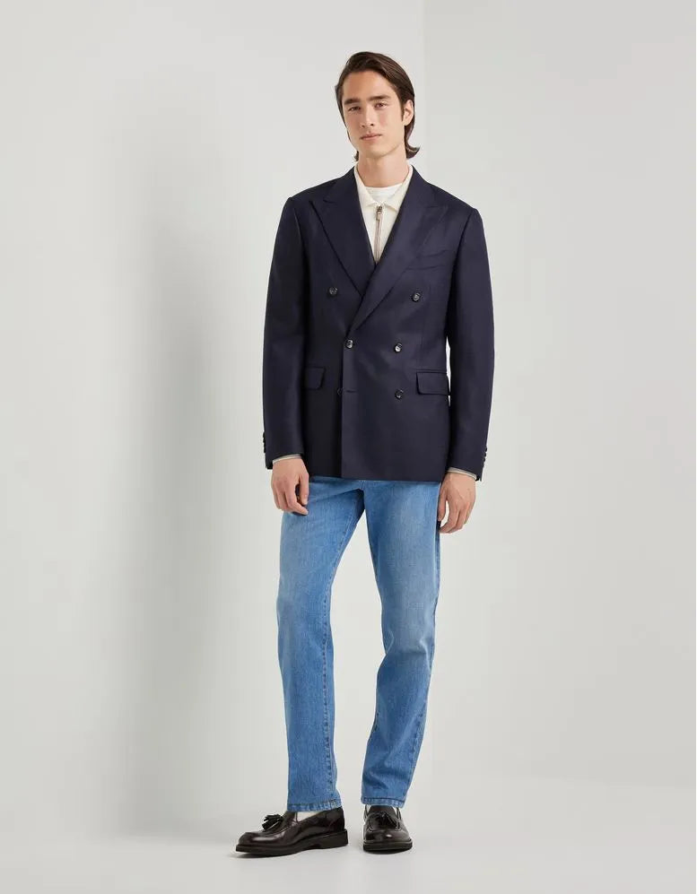 Navy Wool Silk Double Breasted Blazer
