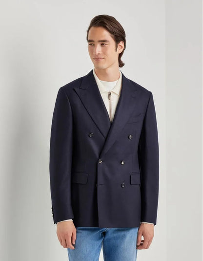 Navy Wool Silk Double Breasted Blazer
