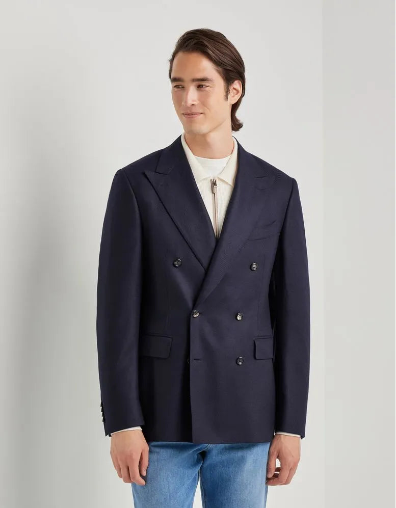 Navy Wool Silk Double Breasted Blazer