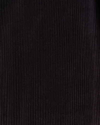 A close-up view of the dark navy corduroy fabric featured on these Cavour Navy Wide Leg Pleated Corduroy Trousers, showing uniform, vertical textured wales running in parallel lines across the frame. , available at Richard Gelding Mayfair