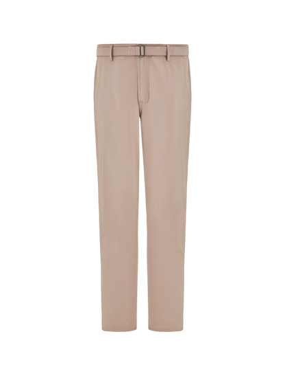 The Canali Beige Cotton Poplin Self-Belt Trouser features a straight-leg cut, flat front, and a matching belt with rectangular metal buckle. Crafted from breathable cotton poplin, these trousers showcase a clean, minimal look against a white background. , available at Richard Gelding Mayfair