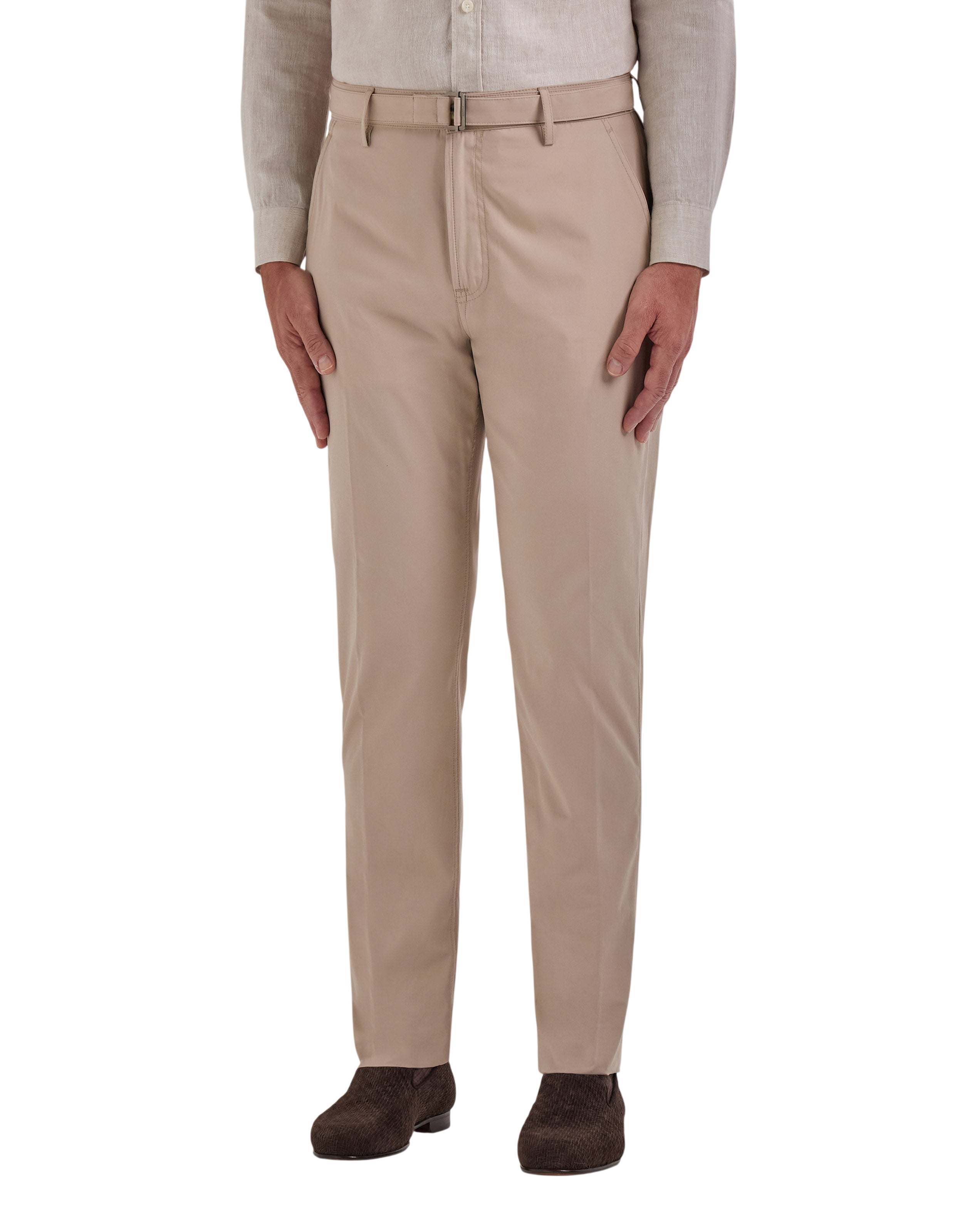 Beige Cotton Poplin Self-Belt Trouser