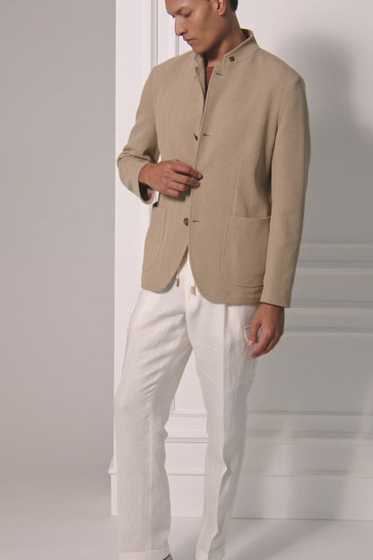 Beige Herringbone Cotton Blend Jacket